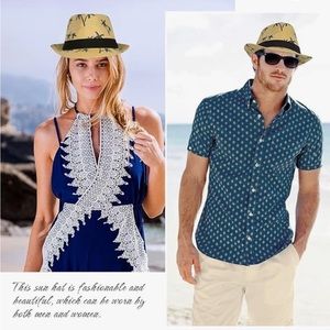 Unisex Summer Straw Fedora Hat Short Brim Panama Sun Hat Trilby Beach Hat